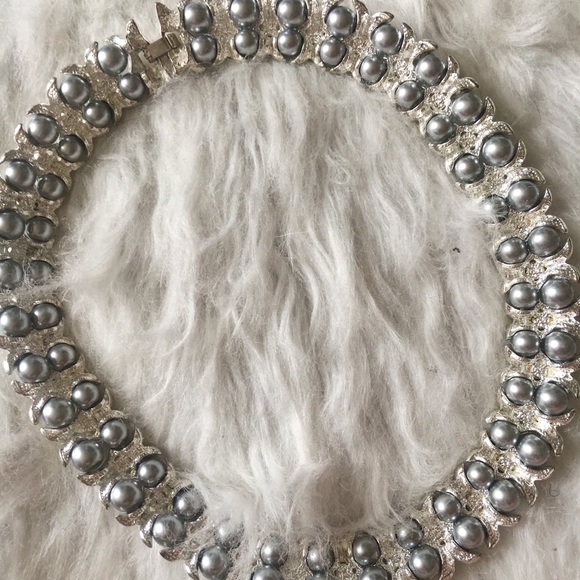 Silver & Blue Faux Pearl Heavy Formal Necklace - Picture 4 of 4